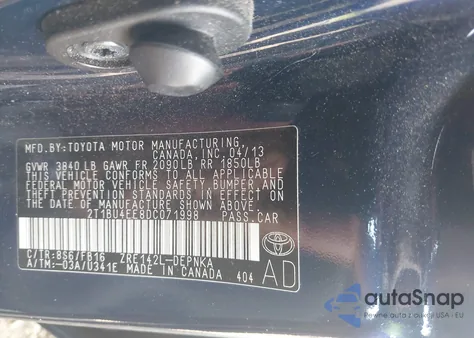 2013 Toyota Corolla Le z USA, uszkodzony, nr VIN 2T1BU4EE8DC071998